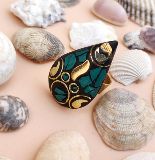 Tribal drop ring in green and golden
