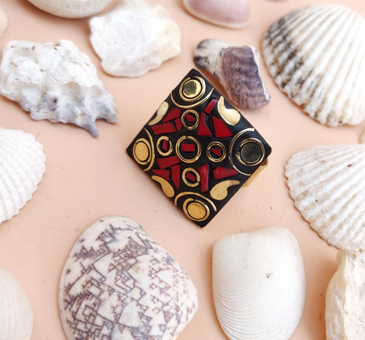 Tribal square ring in red and golden