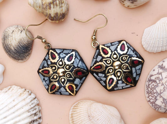 Tribal hexagon danglers in grey and red