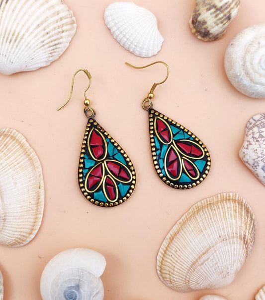 Tribal red and green drop danglers
