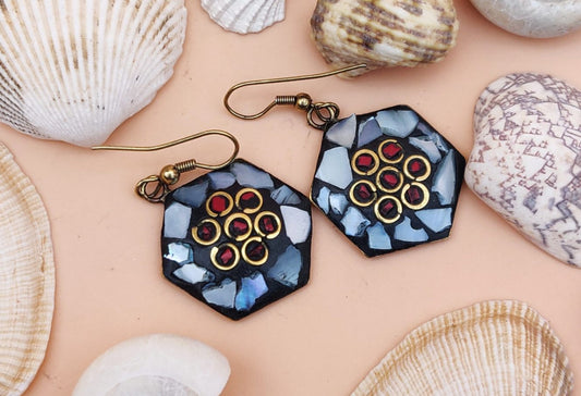 Tribal hexagonal danglers in grey with red dots