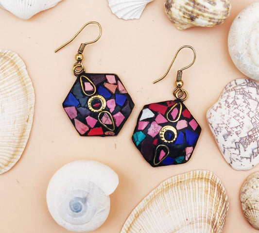 Multicolor tribal earring in hexagonal shape