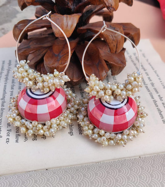 Enamelled Jhumki red chequered