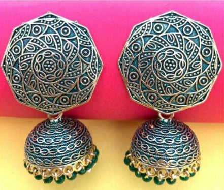 Ohrringe - Oxidized Jhumki with green artificial beads