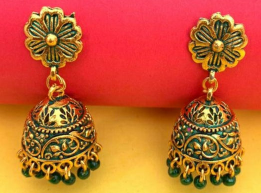 Ohrringe - Oxidized Jhumki, Goldene-Grün Farbe