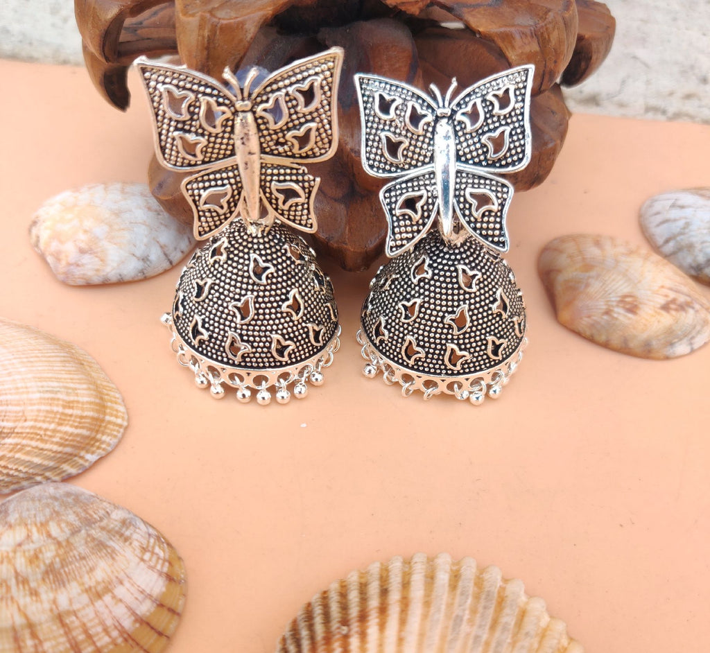 Ohrringe - Oxidized Jhumki (with butterfly)