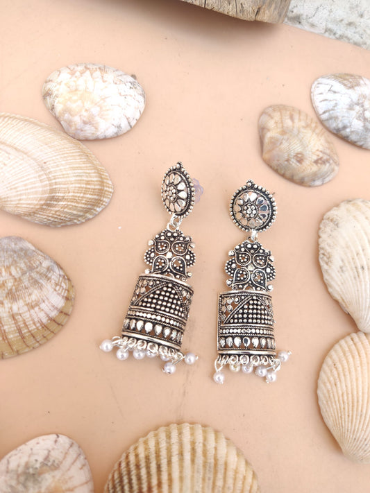 Oxidized jhumki earrings with royal flower, very lightweight