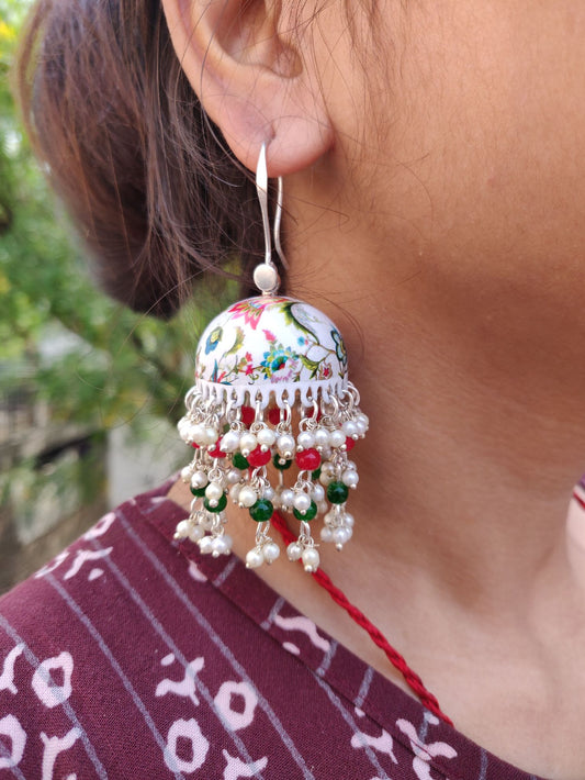 Enamelled Jhumki colourful flower, with three layer beads