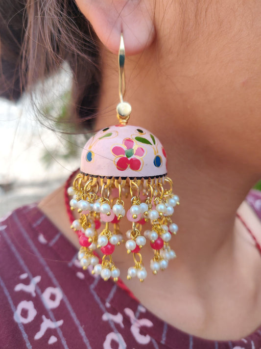 Enamelled Jhumki red flower, with three layer beads