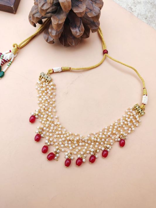 Ketten - multilayer pearls with red beads