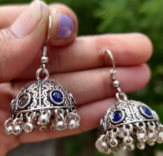 Oxidized Jhumki with blue artificial stones
