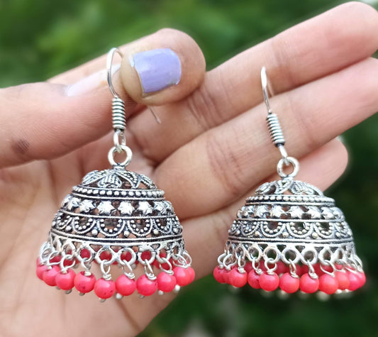 Oxidized Jhumki with small loop design and pink beads