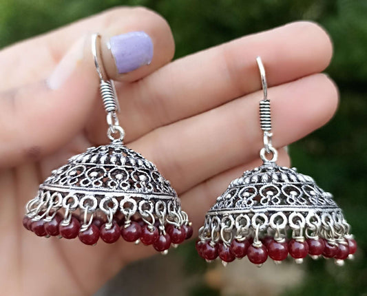 Oxidized Jhumki with loop design and red beads