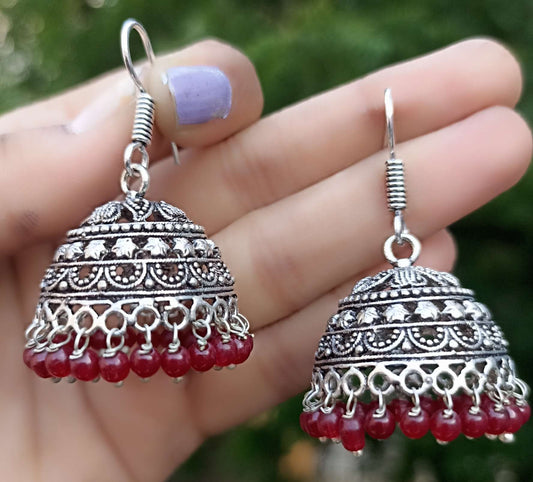 Oxidized Jhumki with small loop design and red beads