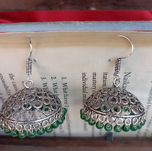 Oxidized, lightweight, short, net earrings with green beads