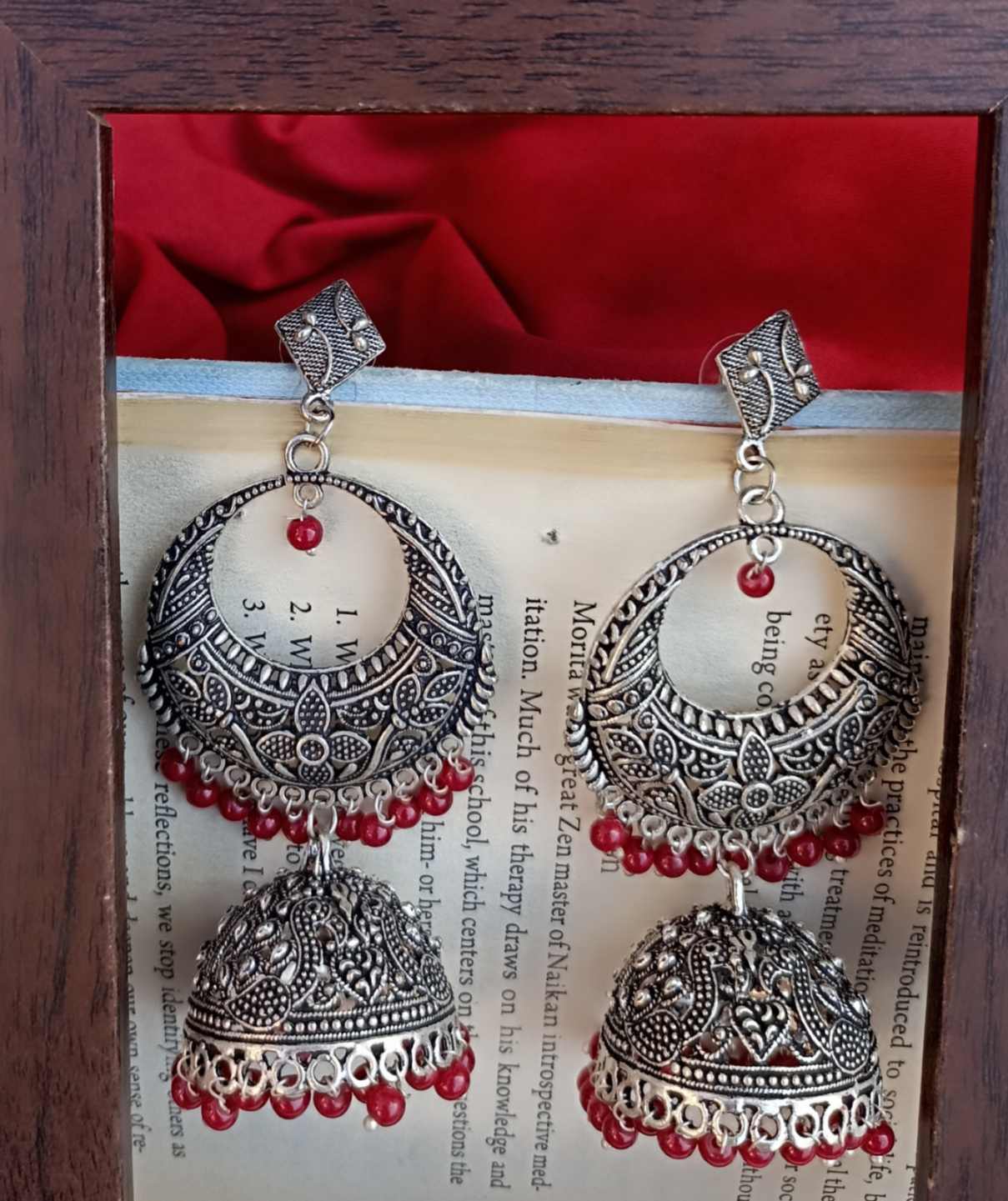Oxidized chand bali jhumki earrings with read beads
