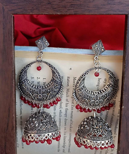 Oxidized chand bali jhumki earrings with read beads
