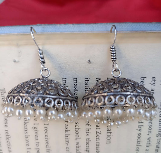 Oxidized, lightweight, short, net earrings with white beads