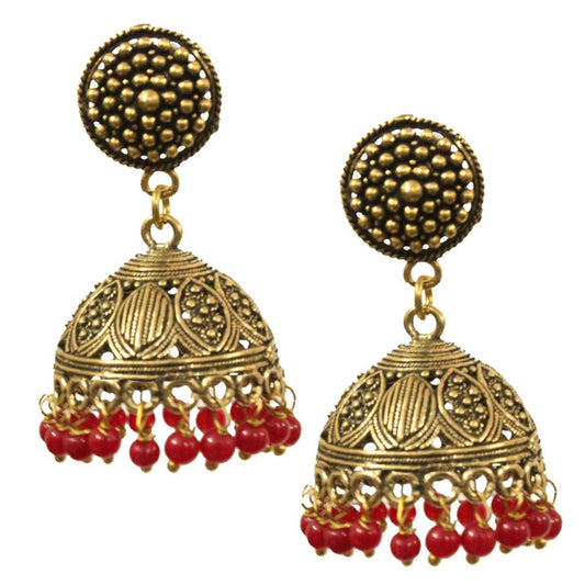 Golden colour oxidized jhumki with coin stud and red beads