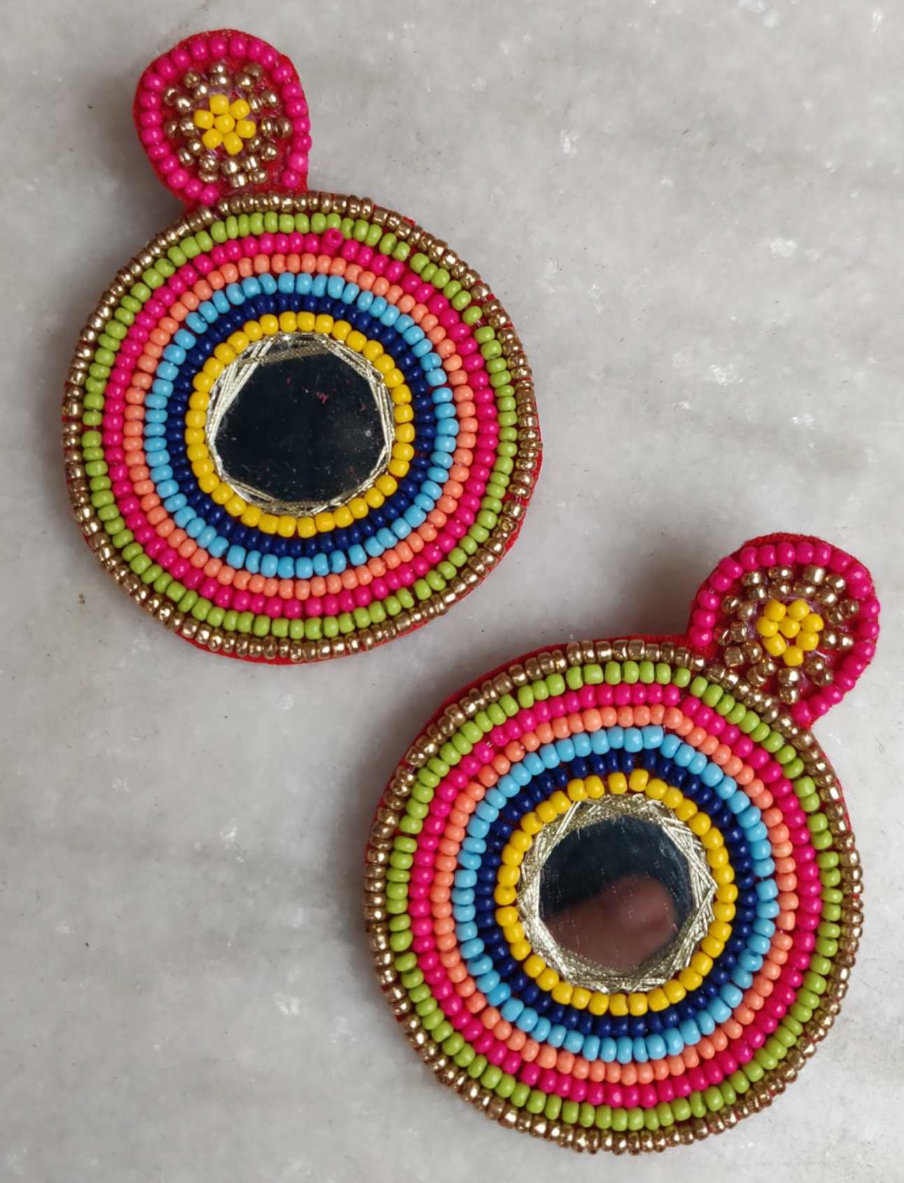 Handmade light weight beaded round earring with mirror