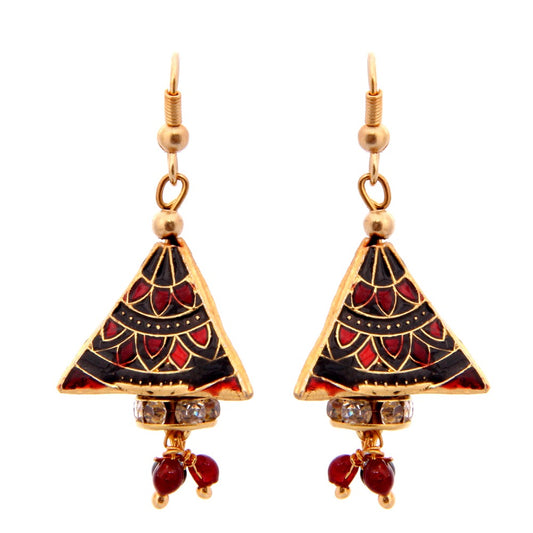 Emaillierte Jhumkis - Mini-Ohrringe in Pyramidenform mit elegantem roten Muster und rotem Tropfen