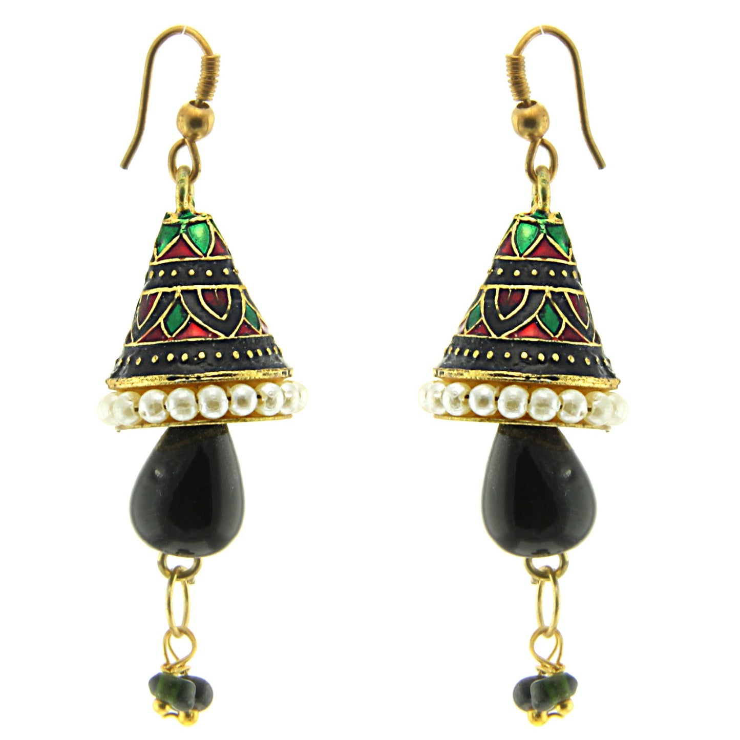 Emaillierte Jhumkis - Mini Ohrhänger mit elegantem grünen Design und schwarzem Tropfen