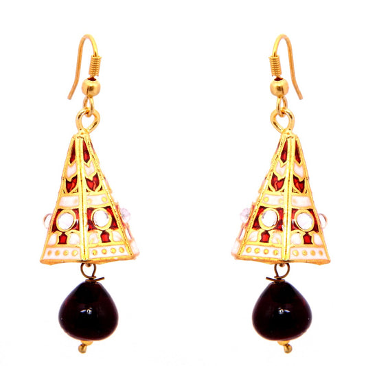 Ohrringe - mini Enamelled Jhumki - Red and White Pyramid, with black hanging bead