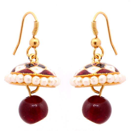 Emaillierte Jhumkis - Mini Ohrhänger mit rot-weißem Schachbrettmuster und roten Tropfen
