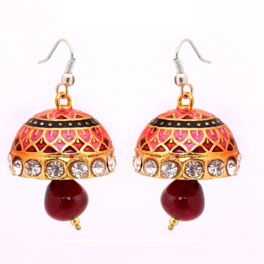 Emaillierte Jhumkis - Mini Ohrhänger mit elegantem orangenem Design und roten Tropfen