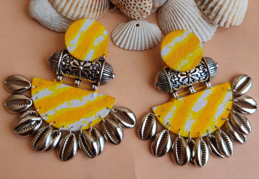 Tie and die fabric earring with semi-circle dangler - yellow