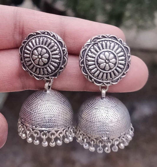 Oxidised Jhumki with flower stud