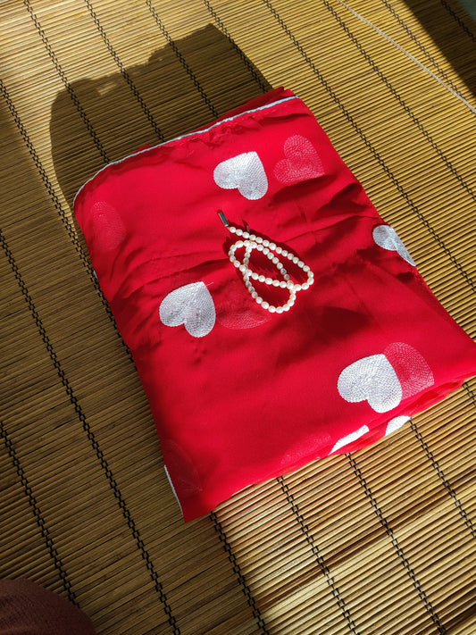 Heart embroidery Ready to Wear Saree in Red