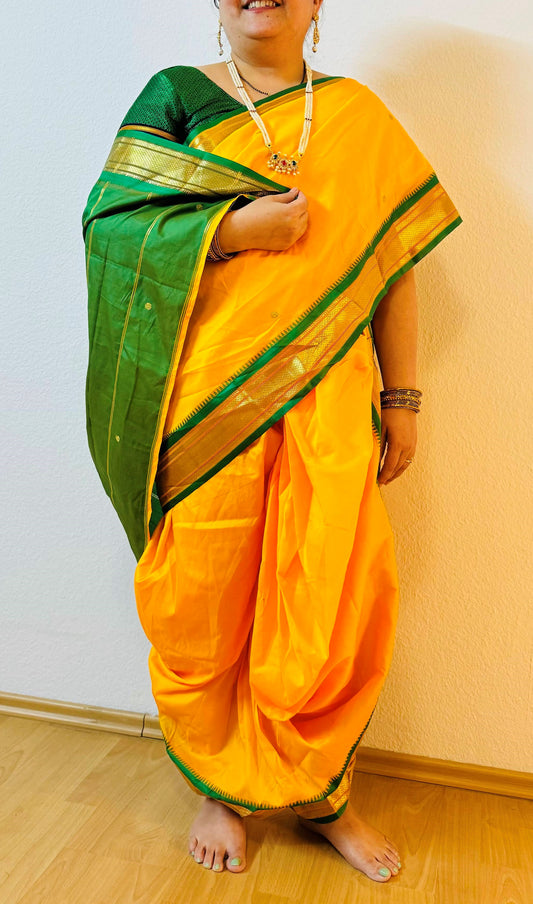Stitched, ready to wear Mango colour 9 Yards Saree