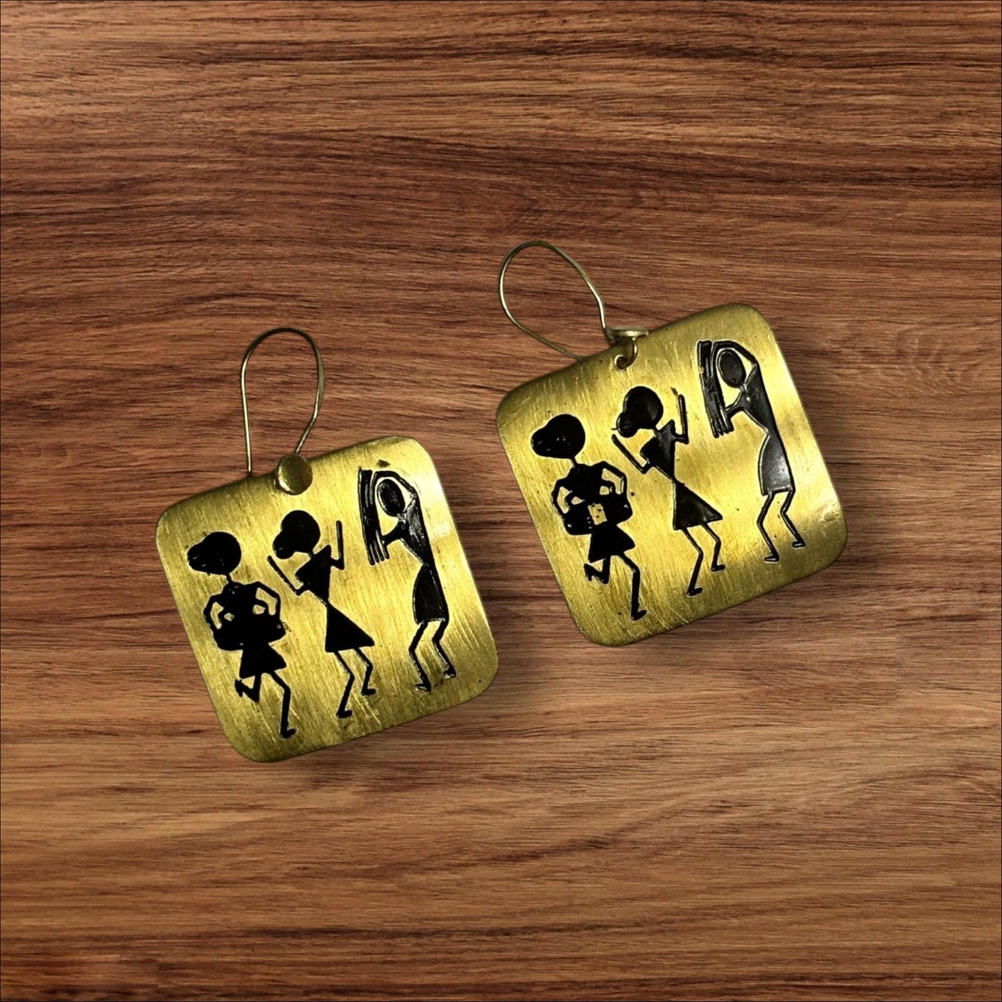 Earrings - Warli Art Etched Square Drops