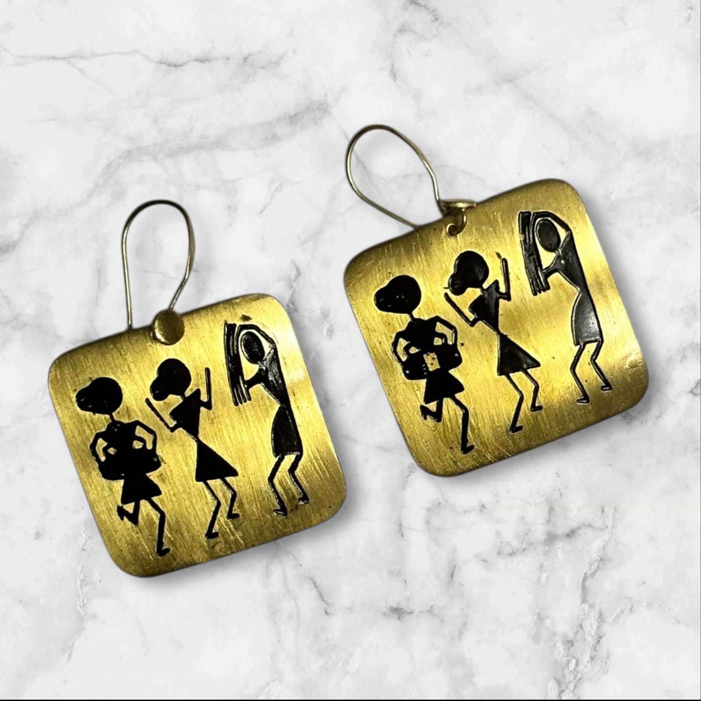 Earrings - Warli Art Etched Square Drops