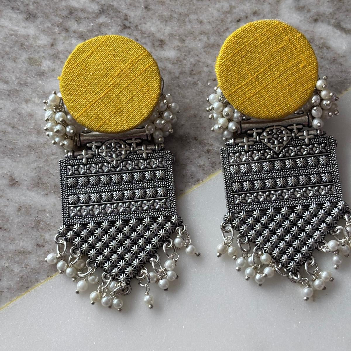 Earrings - Mustard Fabric Oxidised Statement Earrings with Pearl Tassels