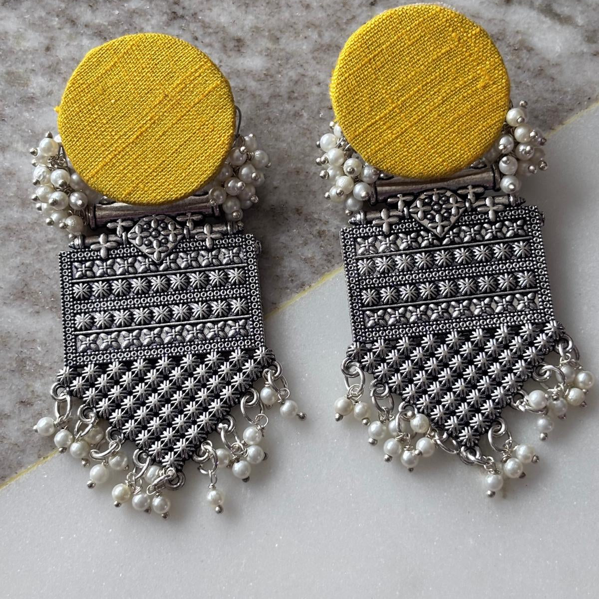 Earrings - Mustard Fabric Oxidised Statement Earrings with Pearl Tassels