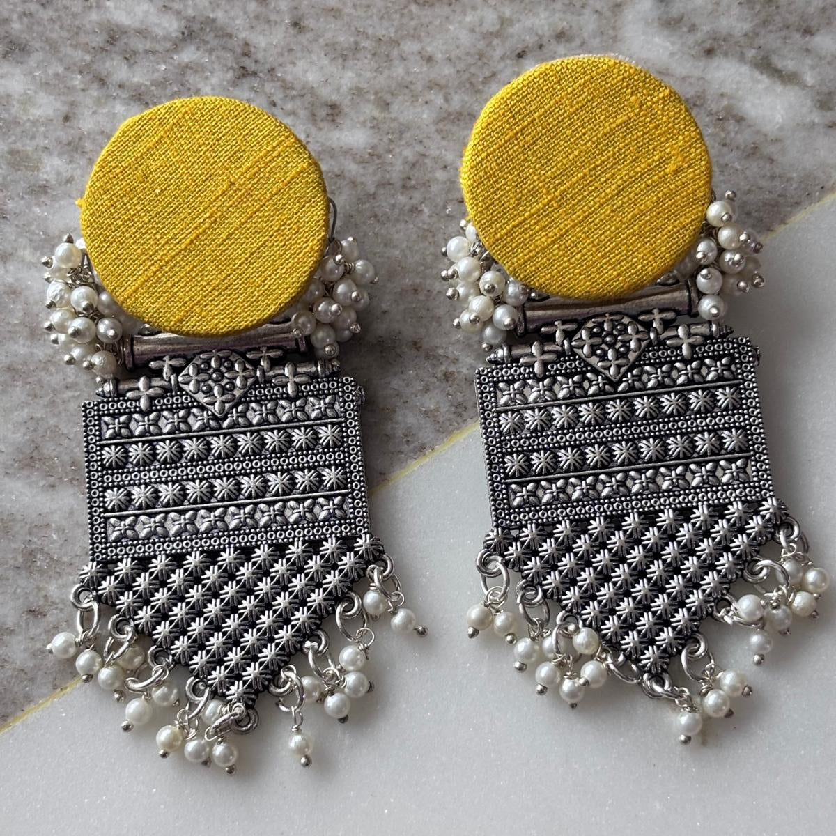 Earrings - Mustard Fabric Oxidised Statement Earrings with Pearl Tassels