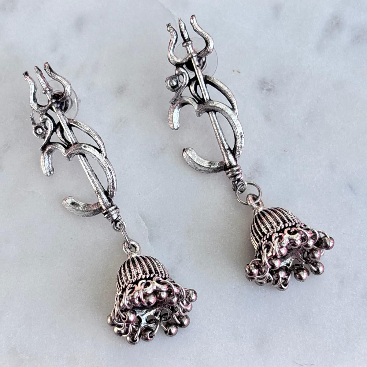 Earrings - Oxidised 'Trident' (Trishul) & 'Om' Drops