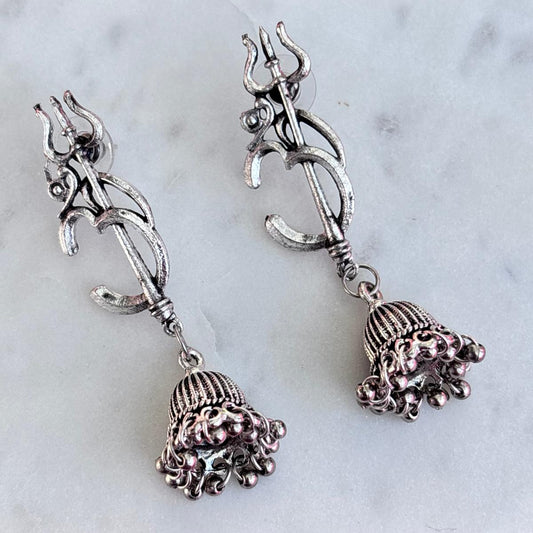 Earrings - Oxidised 'Trident' (Trishul) & 'Om' Drops