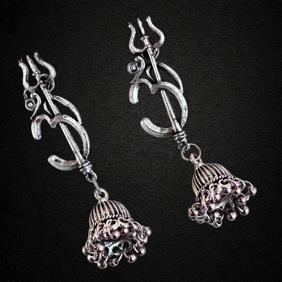 Earrings - Oxidised 'Trident' (Trishul) & 'Om' Drops