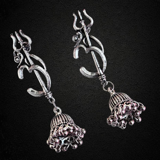 Earrings - Oxidised 'Trident' (Trishul) & 'Om' Drops