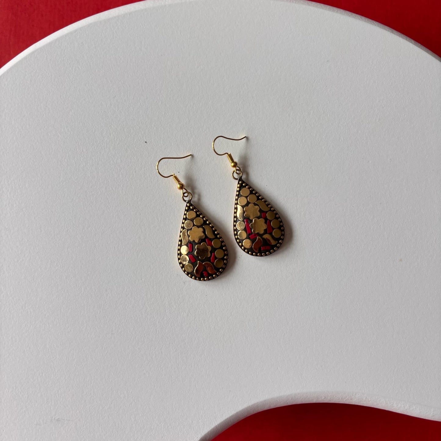 Tribal Earrings - Red & Gold Mosaic Teardrop