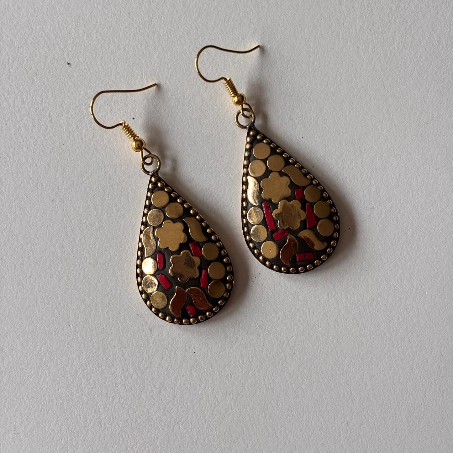 Tribal Earrings - Red & Gold Mosaic Teardrop