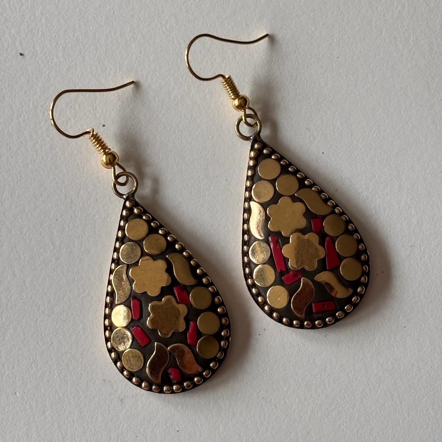 Tribal Earrings - Red & Gold Mosaic Teardrop