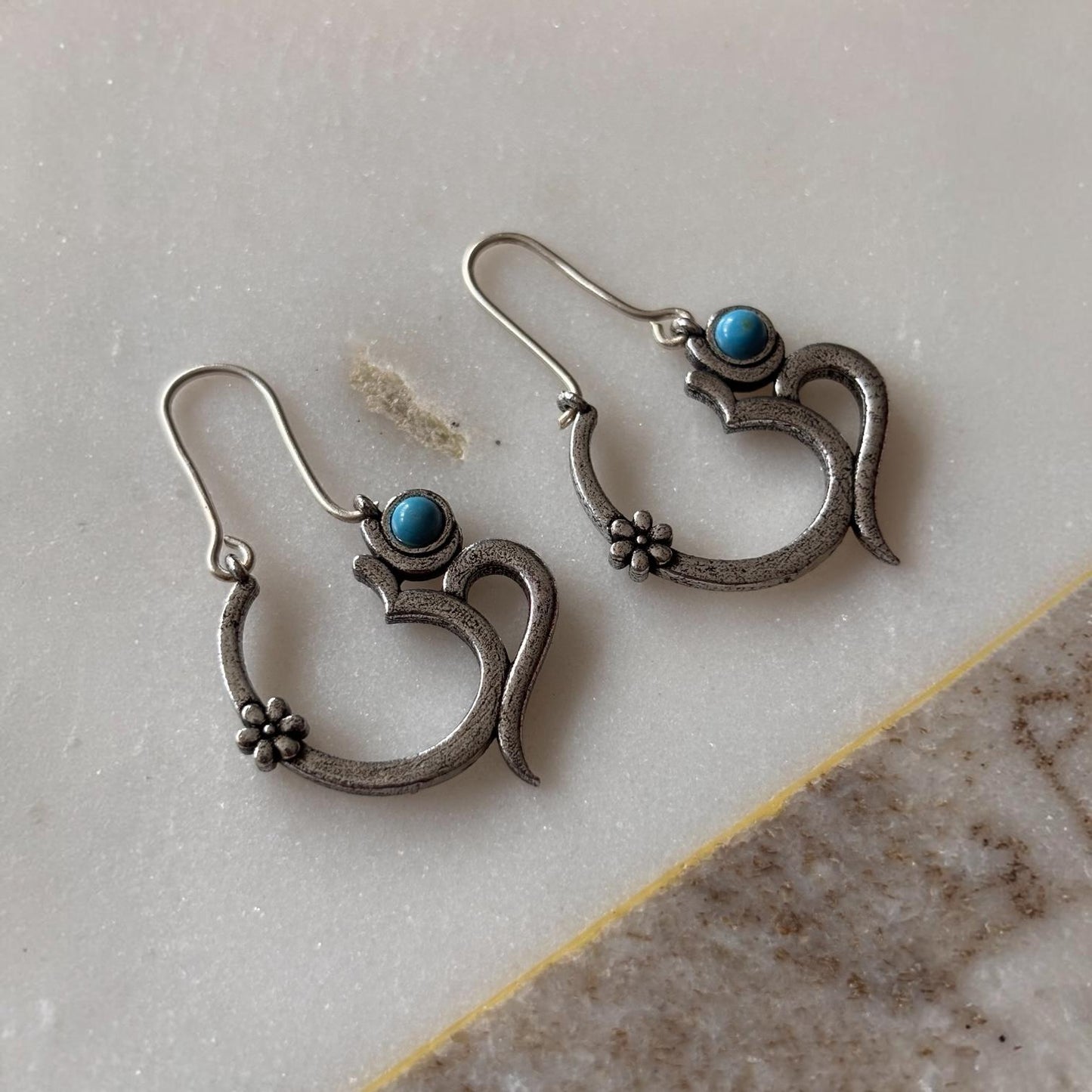 Earrings - Oxidised Turquoise 'Om' Drops