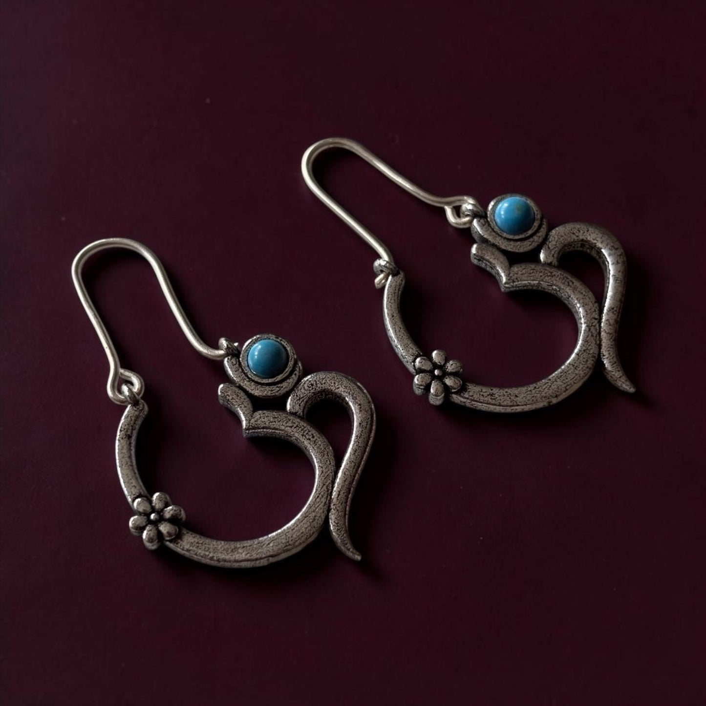 Earrings - Oxidised Turquoise 'Om' Drops