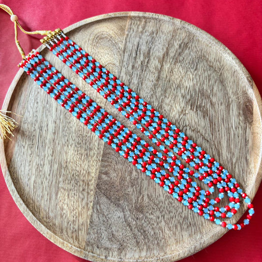 Necklace -Boho Red & Blue Beaded