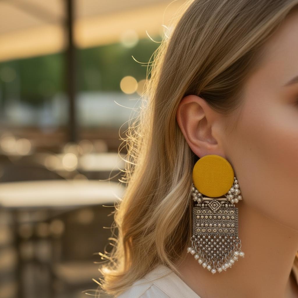 Earrings - Mustard Fabric Oxidised Statement Earrings with Pearl Tassels