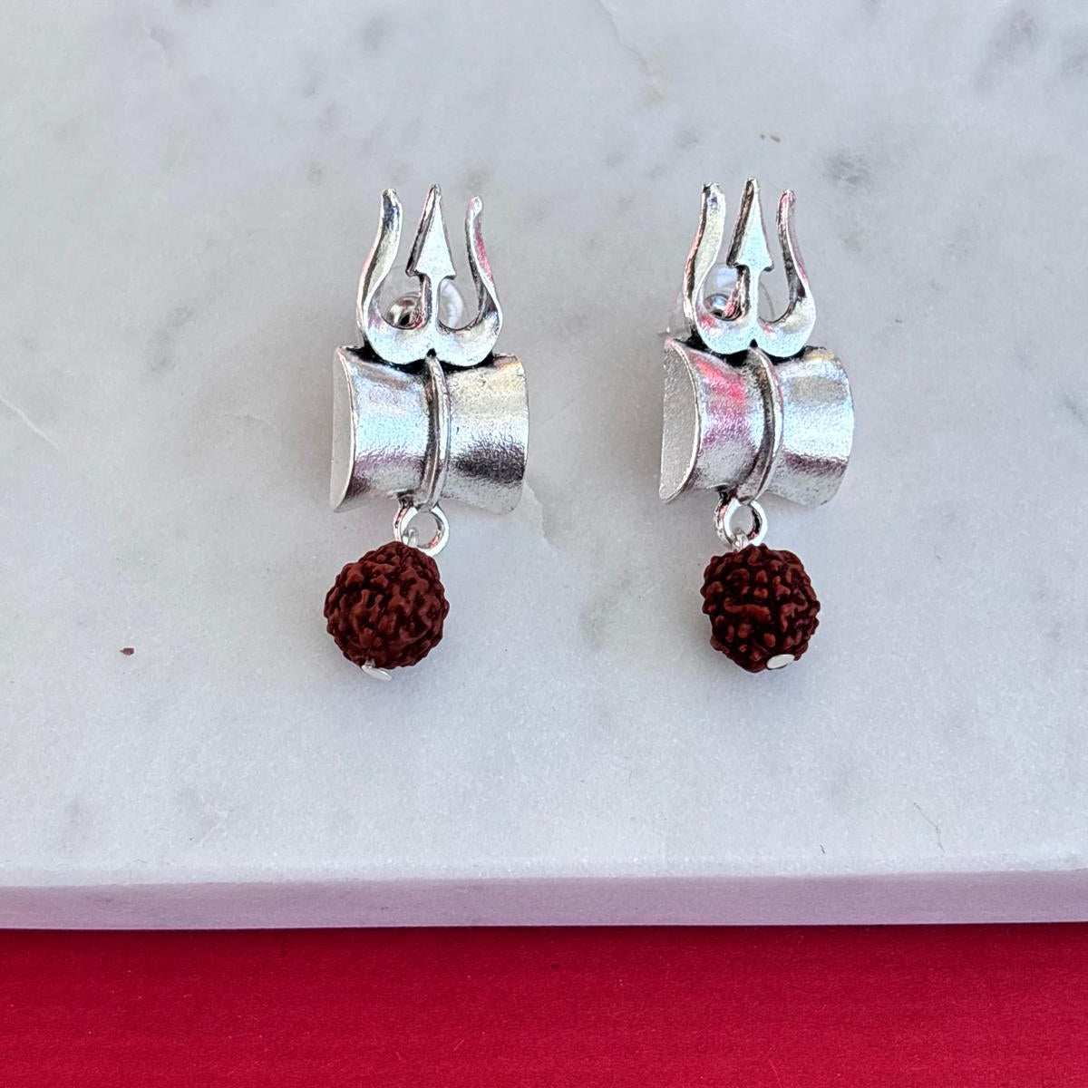 Earrings - Oxidised Trident (Trishul) Rudraksha  Drops